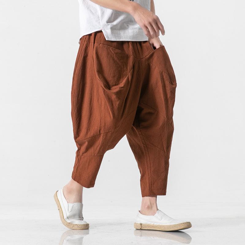 

Men s Japanese-Style Cotton Linen Wide-Leg Harem Pants XL кофейный