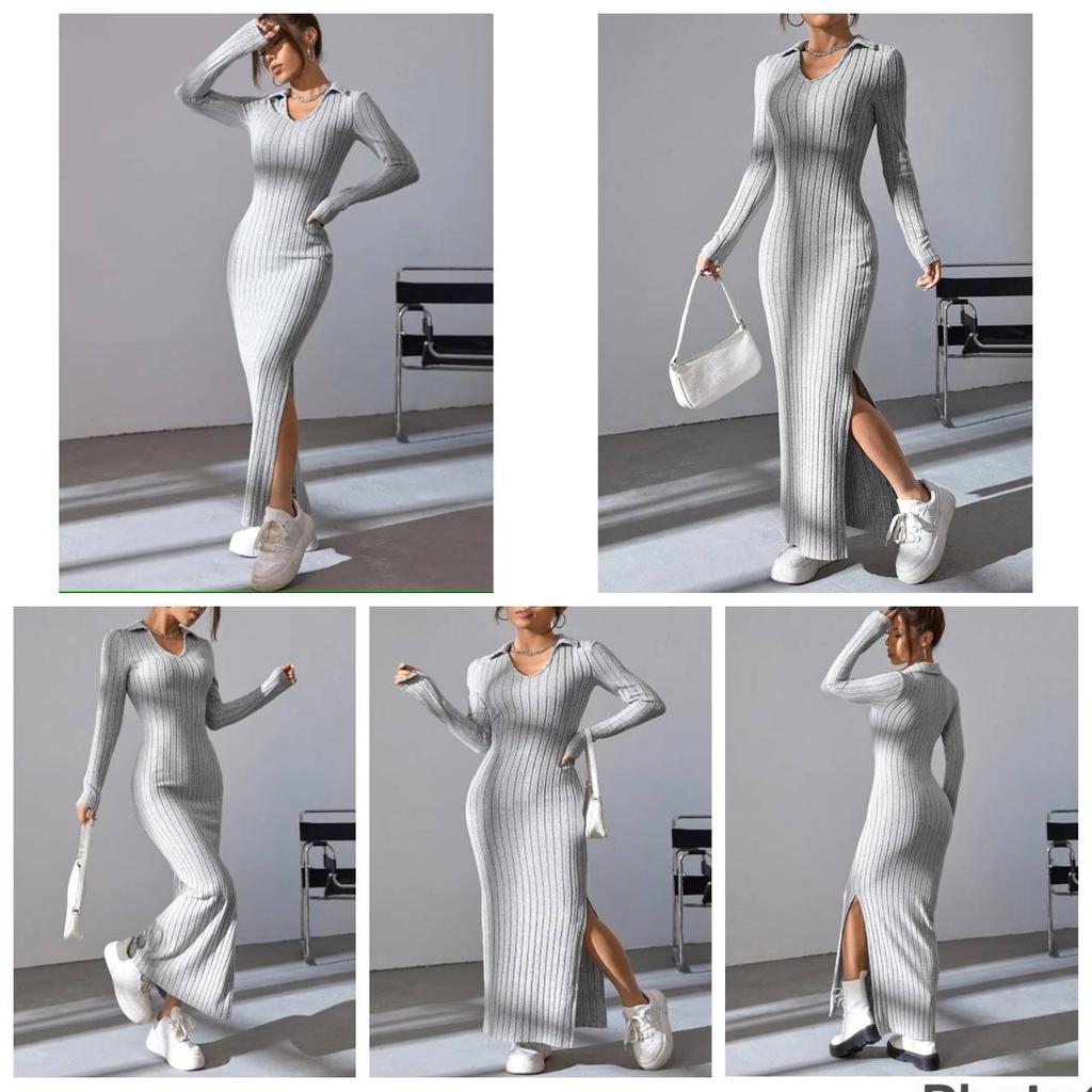 Jaro Podzim Pletený Pulovr V-výstřih Klubové Oblečení Silueta Klopa Dlouhý Rukáv Šaty Žebrované Jednobarevné Přiléhavé