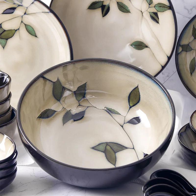 Vintage Japanese Ceramic Bowl Creative Hand-painted Rice Plate Bamboo Leaf Soup Bowl Salad Bowl Underglaze Colored