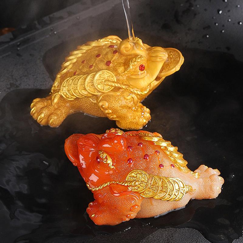 1Pc Chinese Resin Discolored Tea Pet Lucky Cute Golden Toad Ornaments Desktop Handmade Crafts Home Tea Set Decoration Gifts