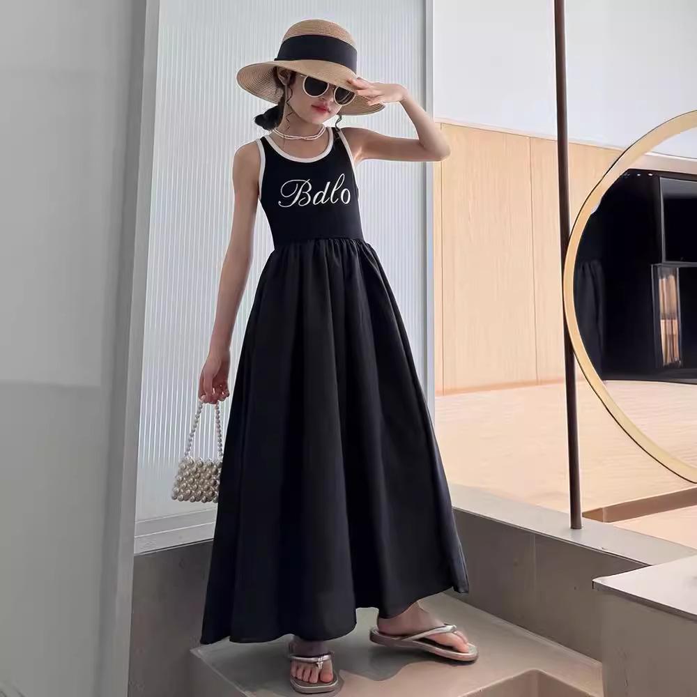 Korean Style Fashionable Solid Color Vest Dress for Kids - Summer Princess Letter Dress