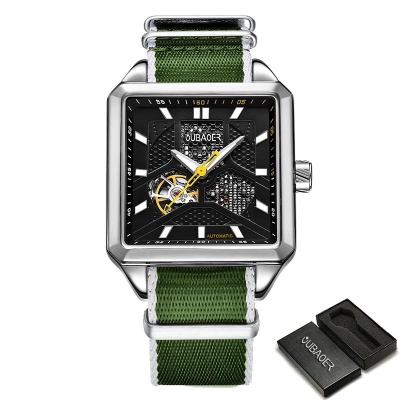 OUBAOER Black Fashion Skeleton Mechanical Watch