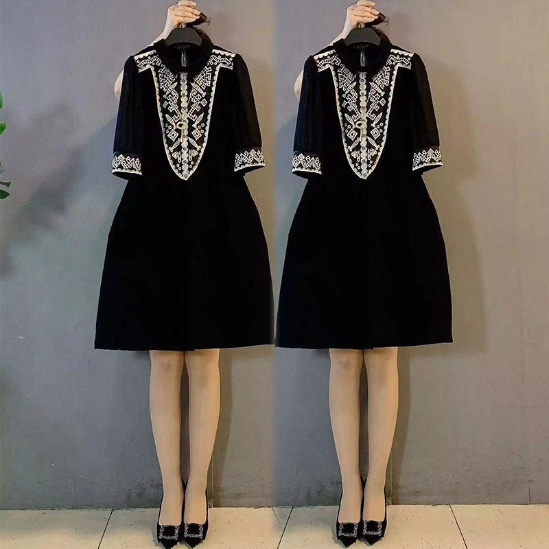 

Plus Size Ladies Heavy Industry Chiffon Sleeves Elegant Little Black Dress Embroidery Black 2XL