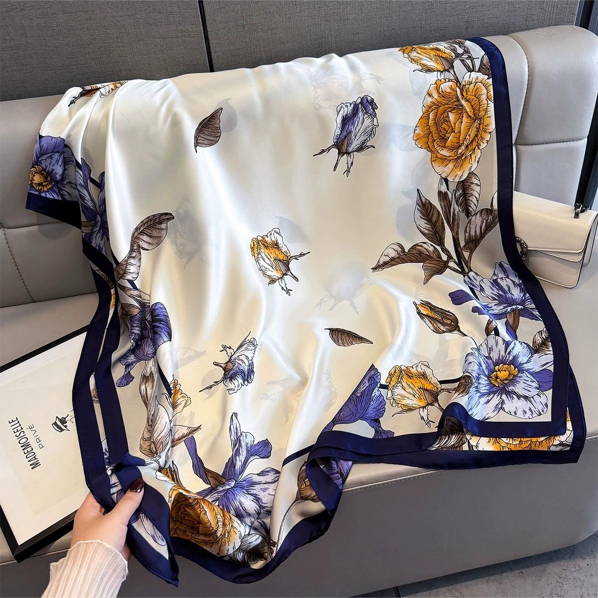 

80*180 Autumnwinter New Style Faux Silk Large Scarf For Women Elegant Floral Print Beach Towel Neck Scarf For Ladies 80x180cm