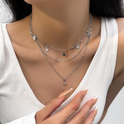 Accessories, Stylish Retro Multi-layer Star Pentagram Fringed Moon Pendant Necklace Collarbone Chain 1