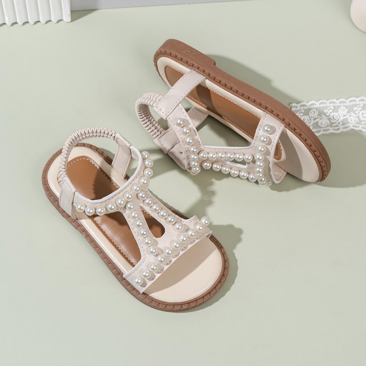 Toddler Princess Pearl Sandals Soft Sole Girls Summer Shoes for Party Daily Outings 26 бежевый