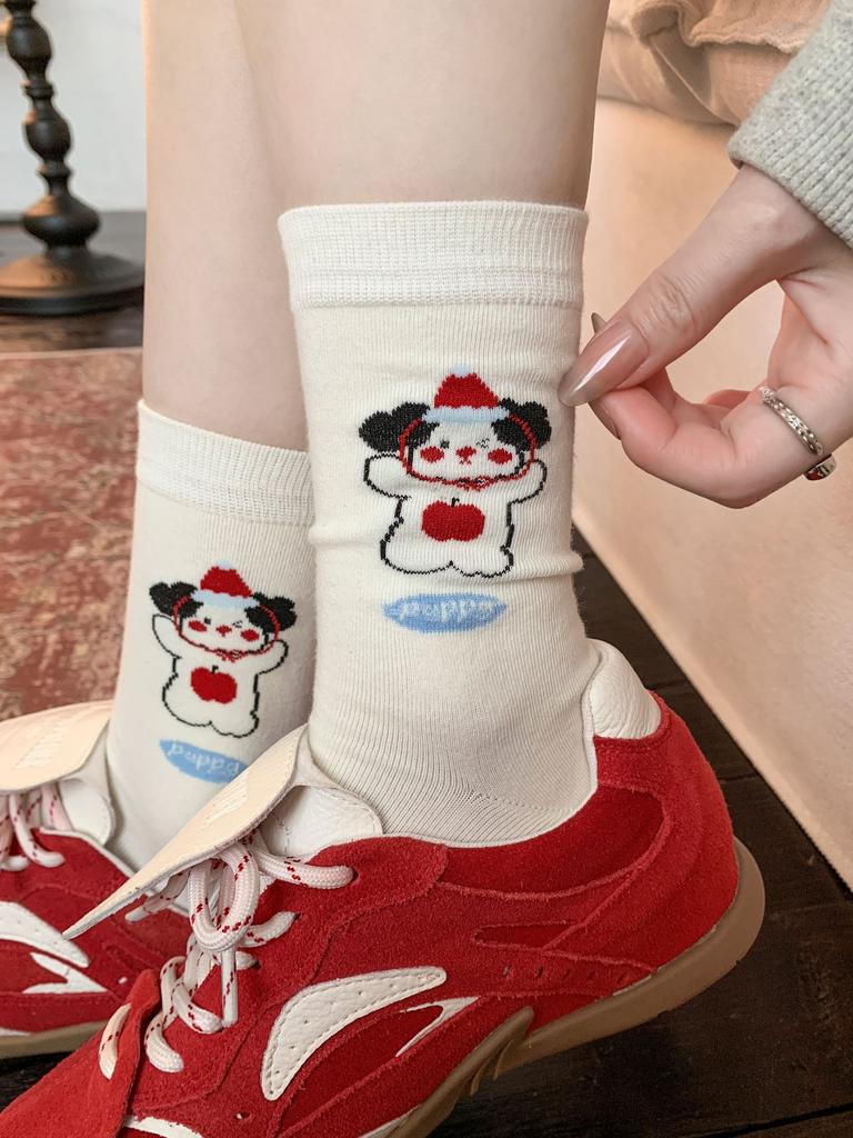 Cute Cartoon Puppy Funny Socks Medium Tube Socks Tide Cotton Striped Polka Dots Stacking Socks Stockings