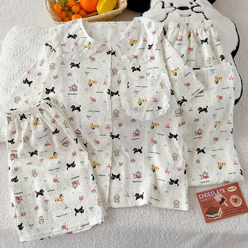Dog Paradise High-Value Princess Collar Lace Cloud Cotton Pajamas Women'S Three-Piece Set