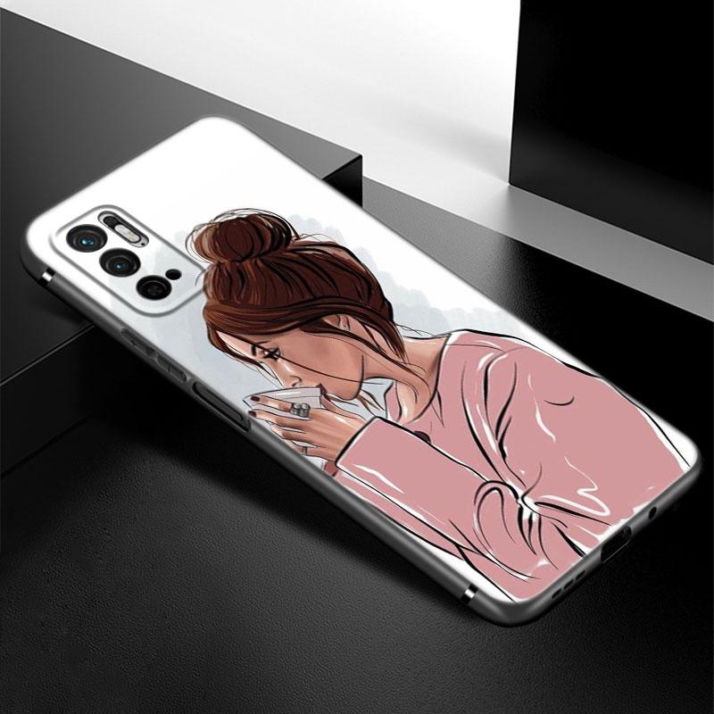 Girl Coffee Female Phone Case For Xiaomi Redmi Note 7 8 9 10 Lite 11 11E 11T 12 Pro 11S 4G 10T 5G 8T 9S 10S Soft TPU Black Cover