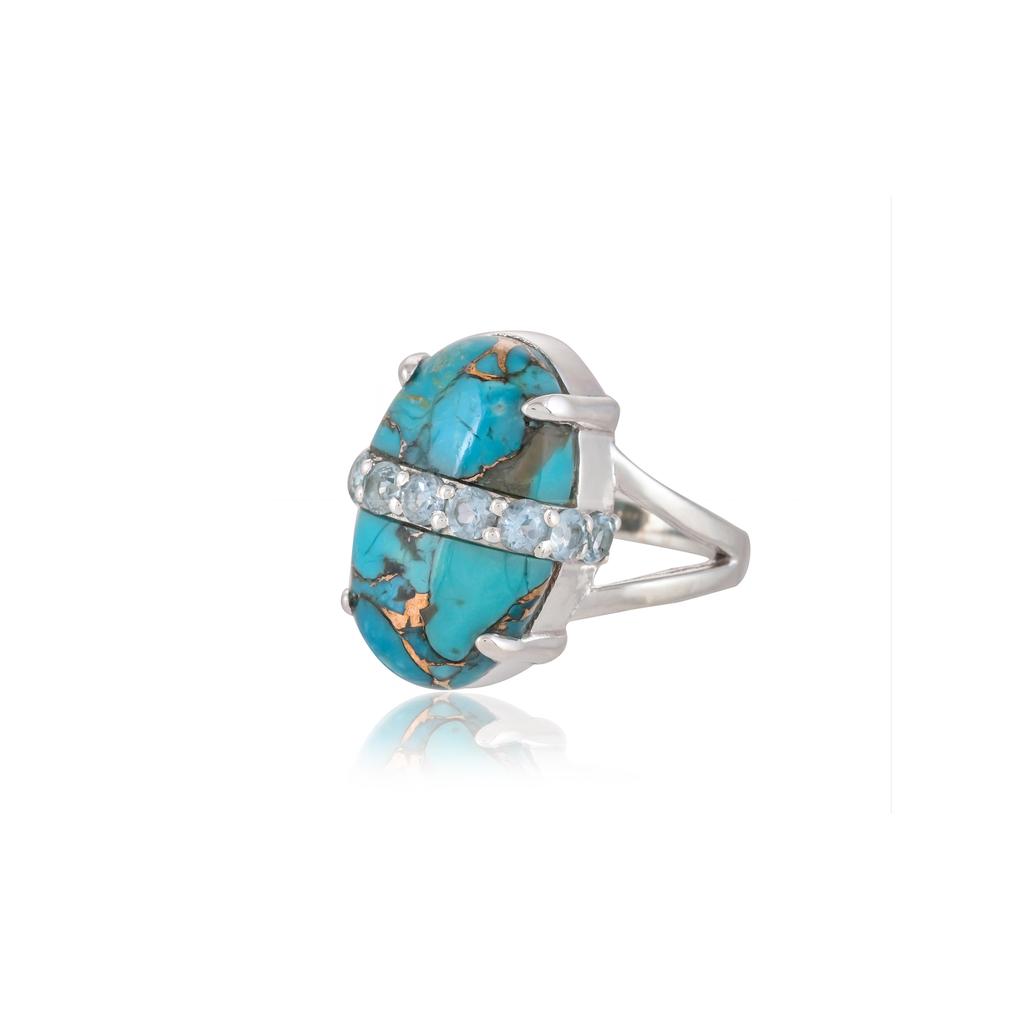 Unique Women's 925 Sterling Silver Oval Gemstone Statement Ring – Mojave Turquoise, Green Onyx or Rose Quartz with Faceted Accent Stones