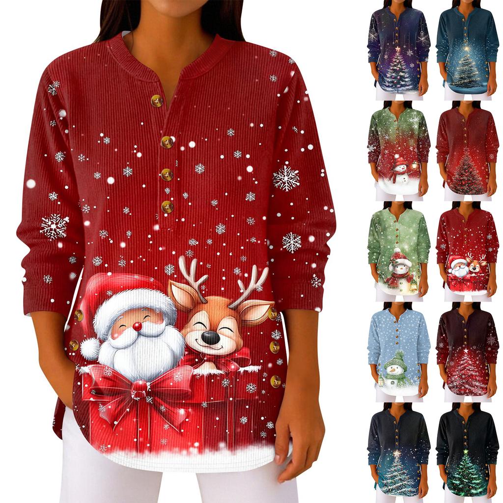 Women's Fashionable Button Collar Long-sleeved Christmas Print Pullover Top