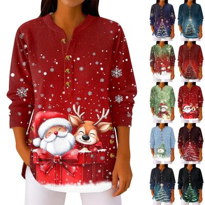 Damen Modisches Knopfkragen Langarm Weihnachtsdruck Pullover Top