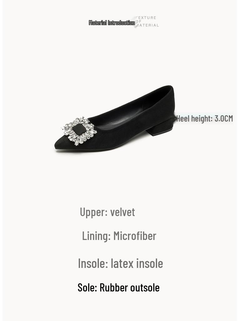 Weiwei Black Rhinestone Chunky Heel Pointed Toe Slip-On Flats for Women