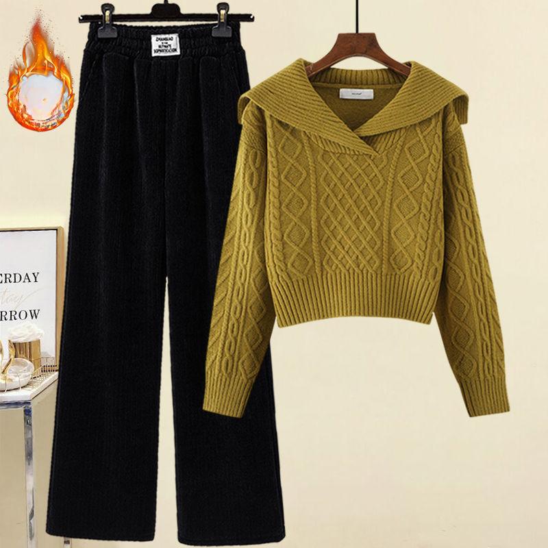 Women's Winter Sweater Suit - Velvet-Added Casual Wide-Leg Pants Two-Piece Set