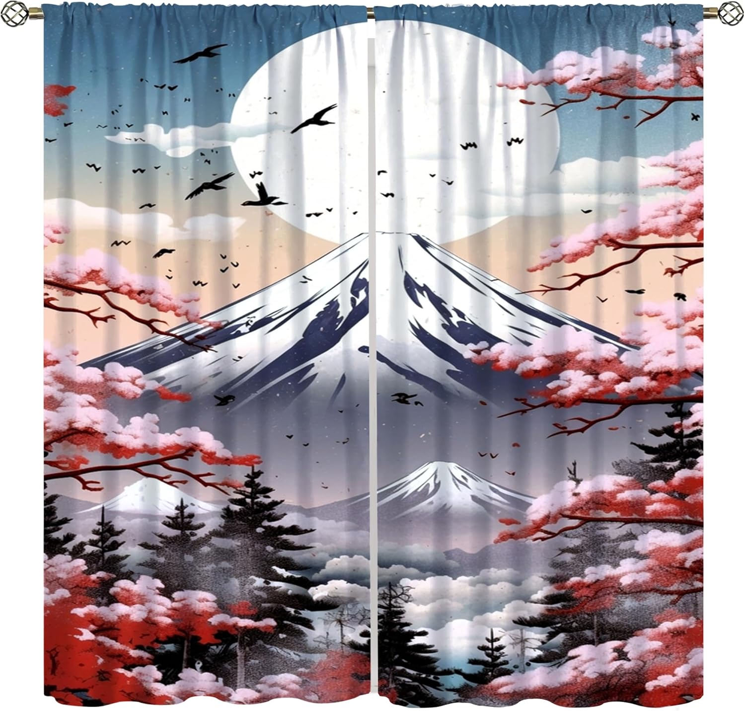 Japanese Style Mount Fuji Curtains Bird Cherry Blossom Pine Printed Window Treatment Bedroom Living Room Kitch Drapes Made Of Polyester Sitting W100*H70(CM)-Rod Pocket&2PCS