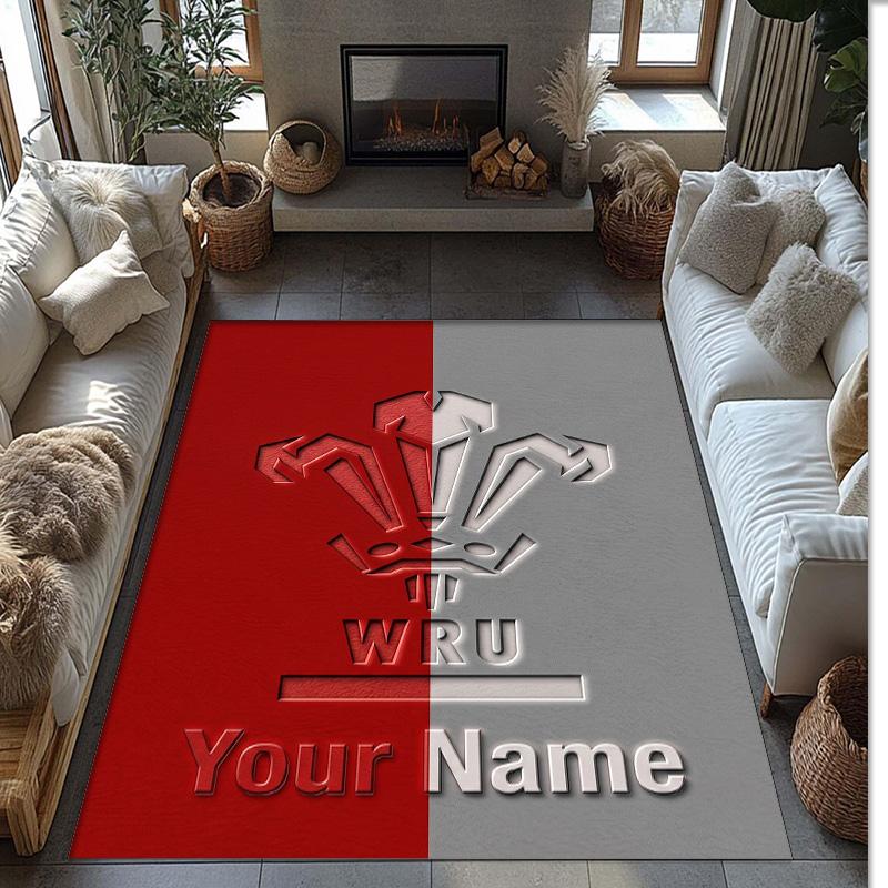 Wales Rugby Crystal Velvet Rug, Custom Name Text Personalized Non‑Slip Floor Mat for Home Decor Gift
