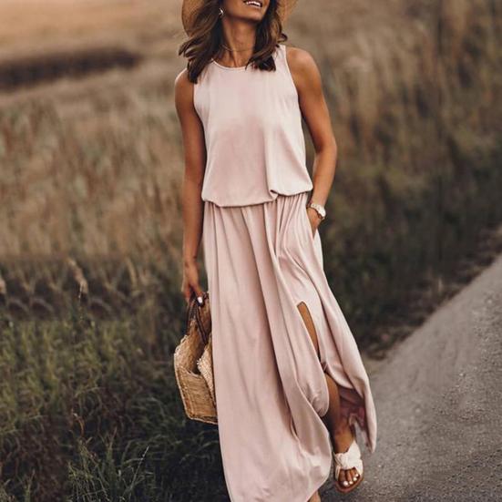 Women Beach Dress Round Neck Sleeveless Elastic High Waist Maxi Dress with Pockets Solid Color Split Hem Long Dress