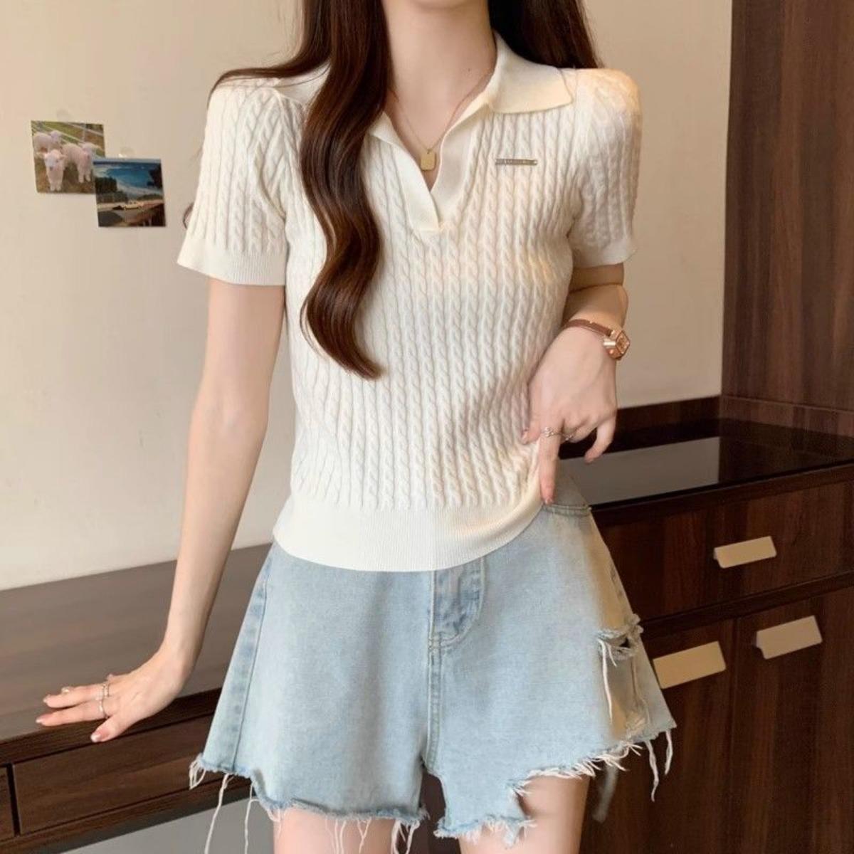 

Temperament Lapel Ice Silk Knit Top Летняя свободная тонкая футболка с короткими рукавами one size абрикосовый