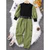 Children's Set Autumn Workwear Long Sleeve Set Color Block Ribbed Top + Long Pants Set with Belt