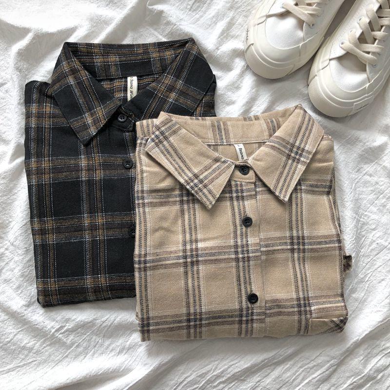 VAYLA Kostkované košile Dámské Bavlněná Nadměrná halenka Korejský styl Dlouhý rukáv Ležérní Vintage Zimní Kostkovaná košile