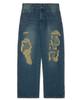 PARTIMENTO Distressed Wide Straight Denim Pants Dim Blue
