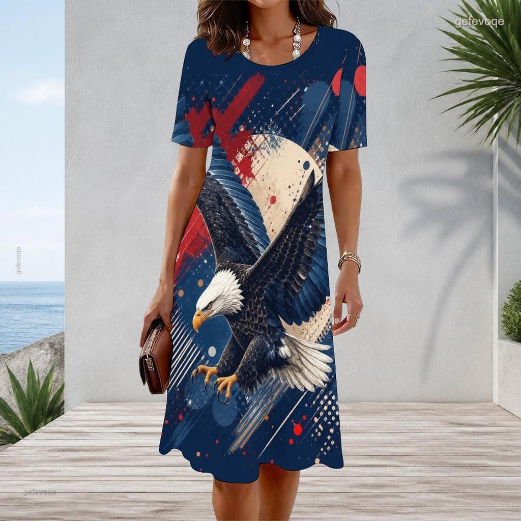 Women Plus Size Round Neck Short Sleeve Red Blue Star Printed A Line Midi Dress