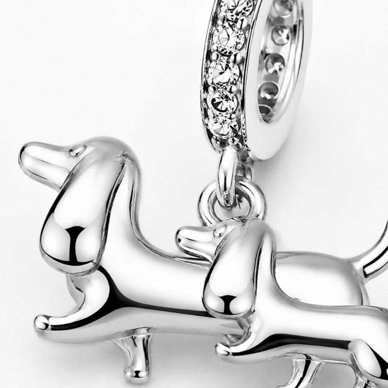 Sterling Silver Dachshund Charm with a Polished Mother and Puppy Design, Rounded Contours, and a Large Loop for DIY Jewelry Projects