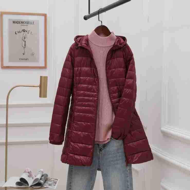 Women's Mid-Length Hooded Lightweight Down Jacket - Slimming Thin Plus Size Coat for Autumn/Winter 2023