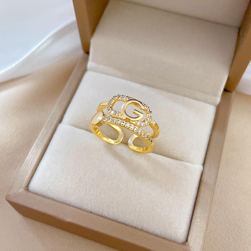 

Real Gold Electroplated Open Letter Women S Fashion Slightly Inlaid Light Luxury Ring Index Finger Ring Same Cold Wind Adjustable opening
