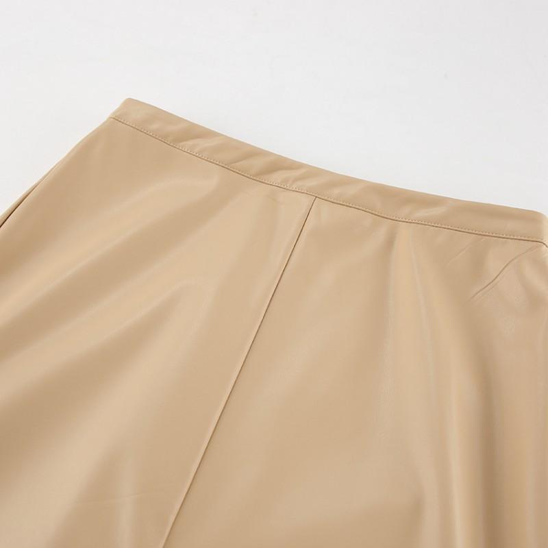 Vintage Khaki PU Midi Skirt High Waisted Split Straight Leg Workwear Women