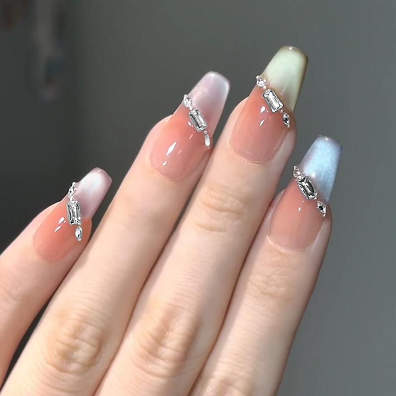 

Skittles Nude Pink Cat Eye Rhinestone French Manicure Nail Tips Glue Included