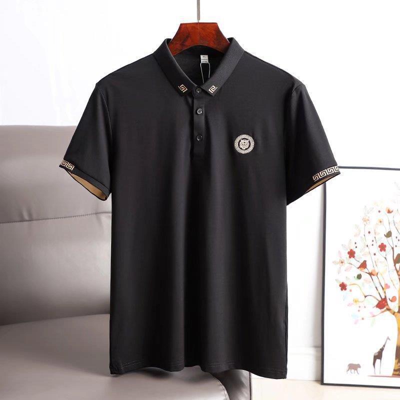 

Men s Tiger Embroidered Polo Shirt Contrast Collar Greek Key Pattern Business Casual Short Sleeve 4XL