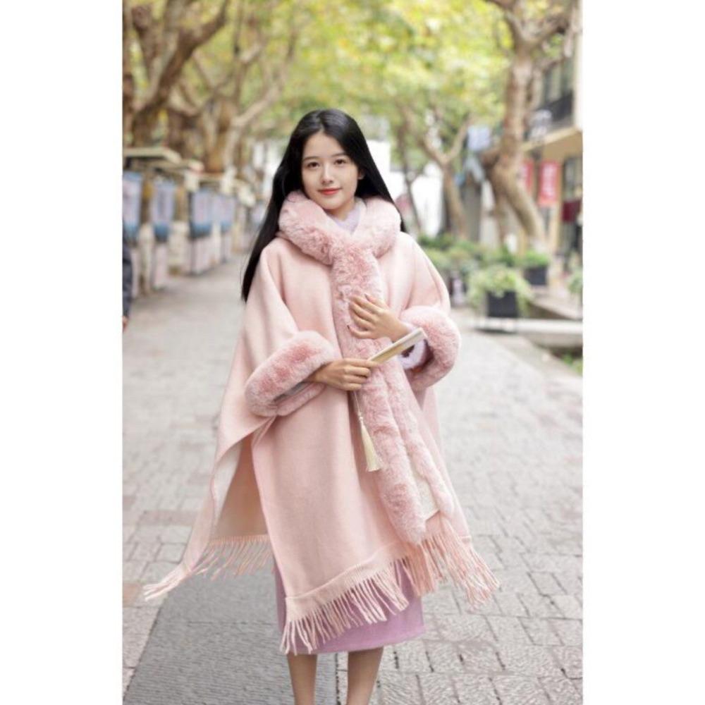 Autumn Winternew Arrivalfleece-linedthickenedretropure Color Shawl Furry Lazy Style Cloak Outwear for Women