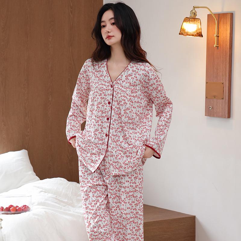 Set de pijama pentru femei cu decolteu în V din bumbac: Cardigan cu mânecă lungă și pantaloni, Mărime mare, Casual și croială largă pentru primăvară și toamnă