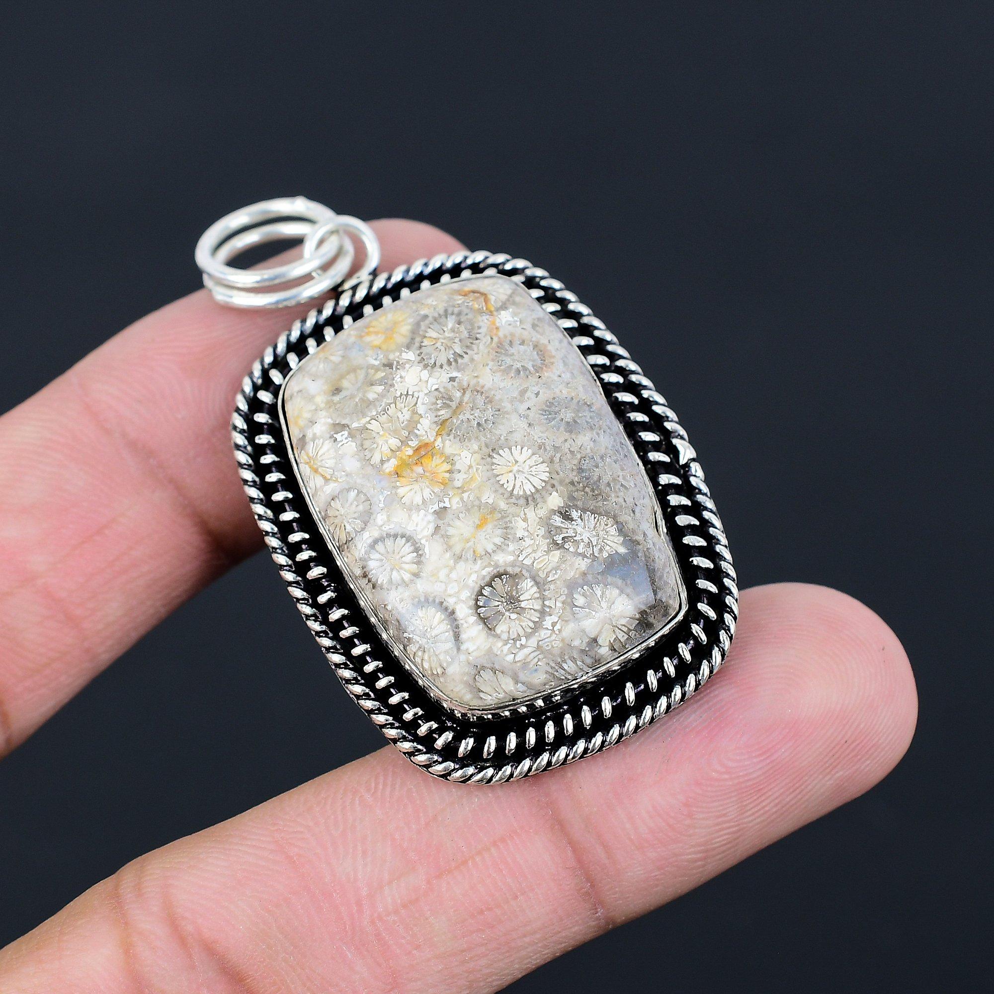 Root Chakra Fossil Coral Gemstone 925 Silver Sister Birthday Anniversary Pendant