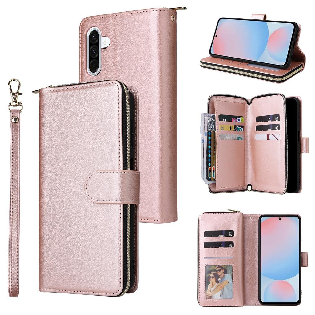 For Samsung Galaxy A37 5G Case Zipper Pocket 9 Card Slots PU Leather Phone Cover with Hand Strap