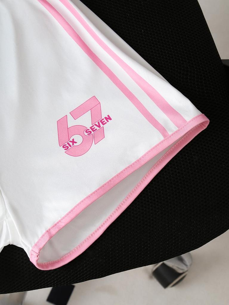 Two-piece Girls' Preppy Style Casual T-shirt and Shorts Set with Side Stripes, Number 67, and Letter Print, Perfect for Spring and Summer.