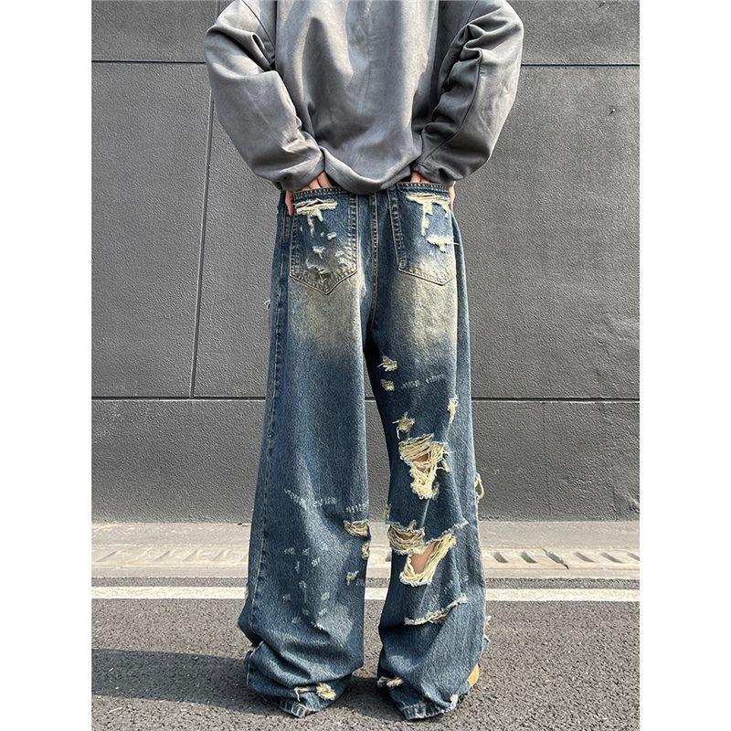 American Vibe Jeans Men's Summer New Ripped Design Sense Loose Wide Legs Trend Versatile Long Pants