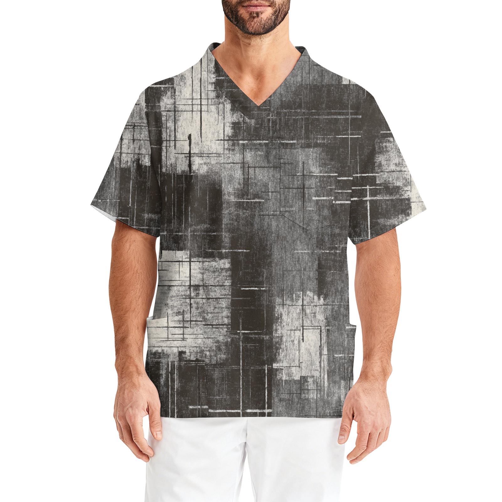 

Men s Printing Short Sleeve V-neck Working Blouse Chest Pocket Carer Top M