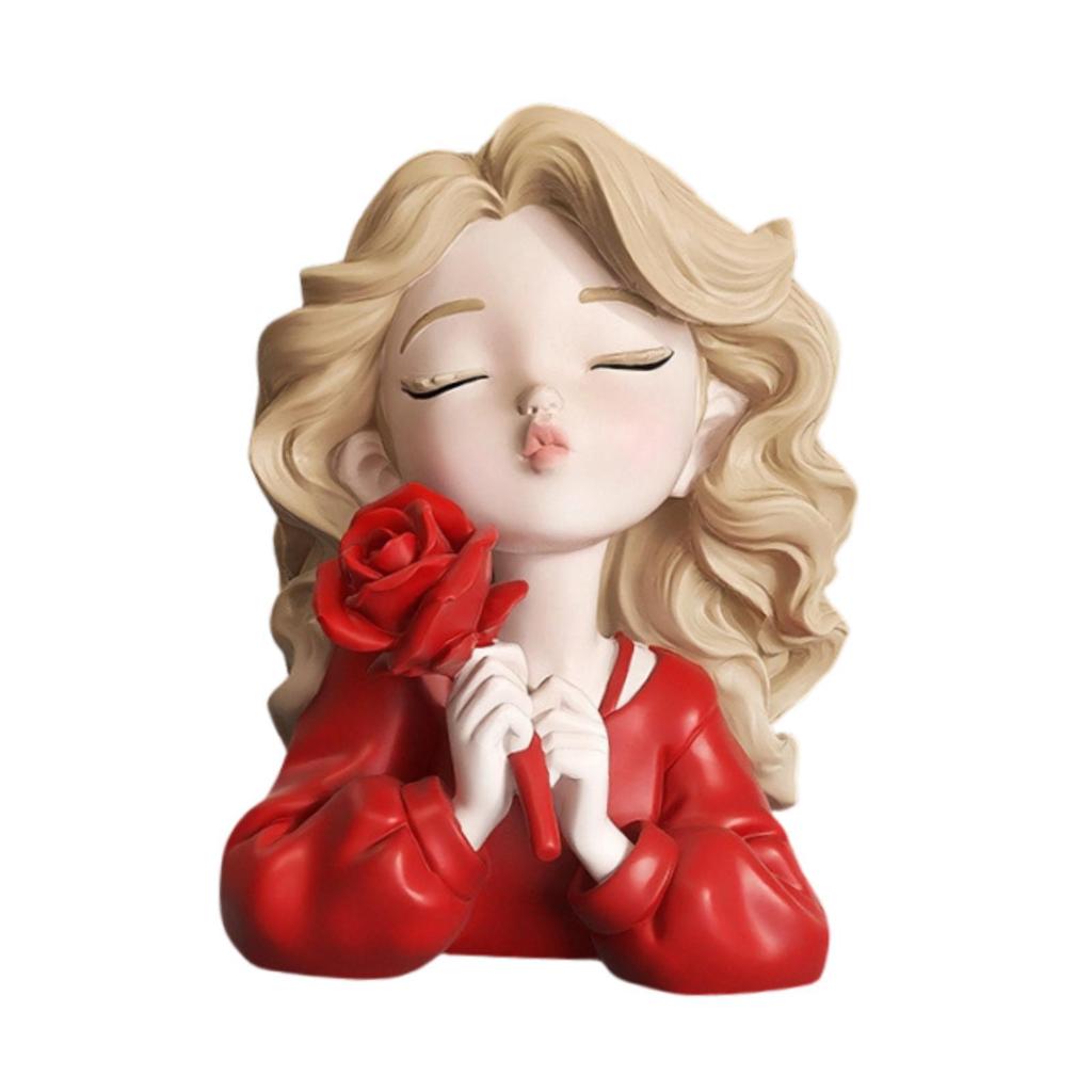 Resin Girl Statue Holding Flower Desk Figure Indoor Home Decor Decoration Sculpture for Mother Day Xmas Birthday Lovers Shelf