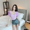 New Style Short-sleeved Spliced puff Sleeves Ice Silk Women's Slim Square Collar Knit Top
