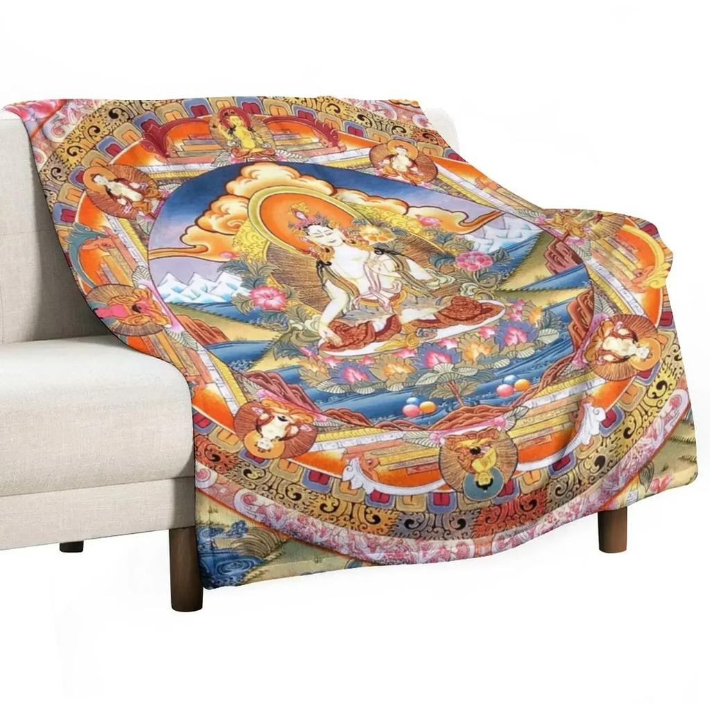 White Tara Buddhist Mandala Throw Blanket Soft Warm Blanket Gift for Grandparents