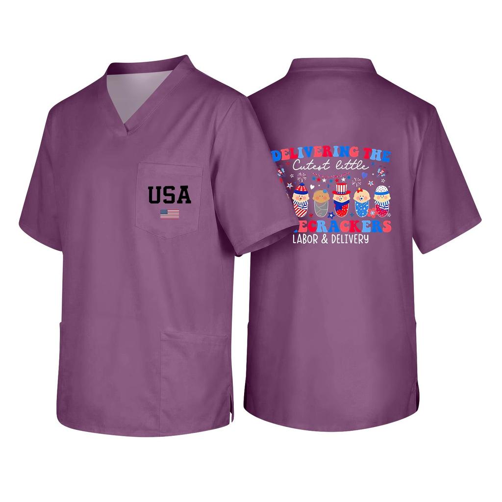 Men's V Neck Work Shirt Short Sleeve Pocket Top with USA Print Suitable for Healthcare and Labor Day Uniforms