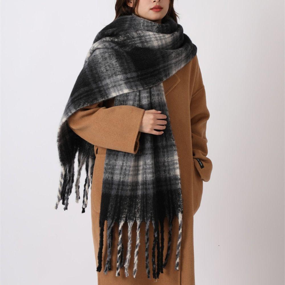 Tassel Plaid Wool Scarf Plush Long Shawl Retro Winter Cashmere Scarves  Autumn Winter