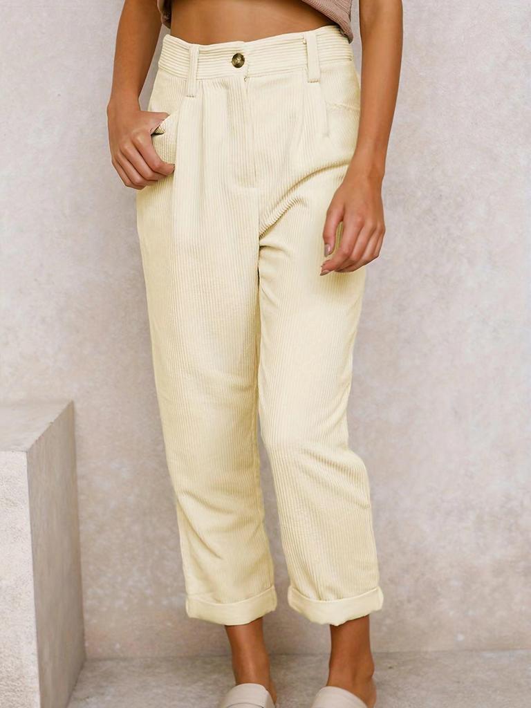 2024 Women's High-Waist Corduroy Autumn Pants - Solid Color, Loose Straight Leg