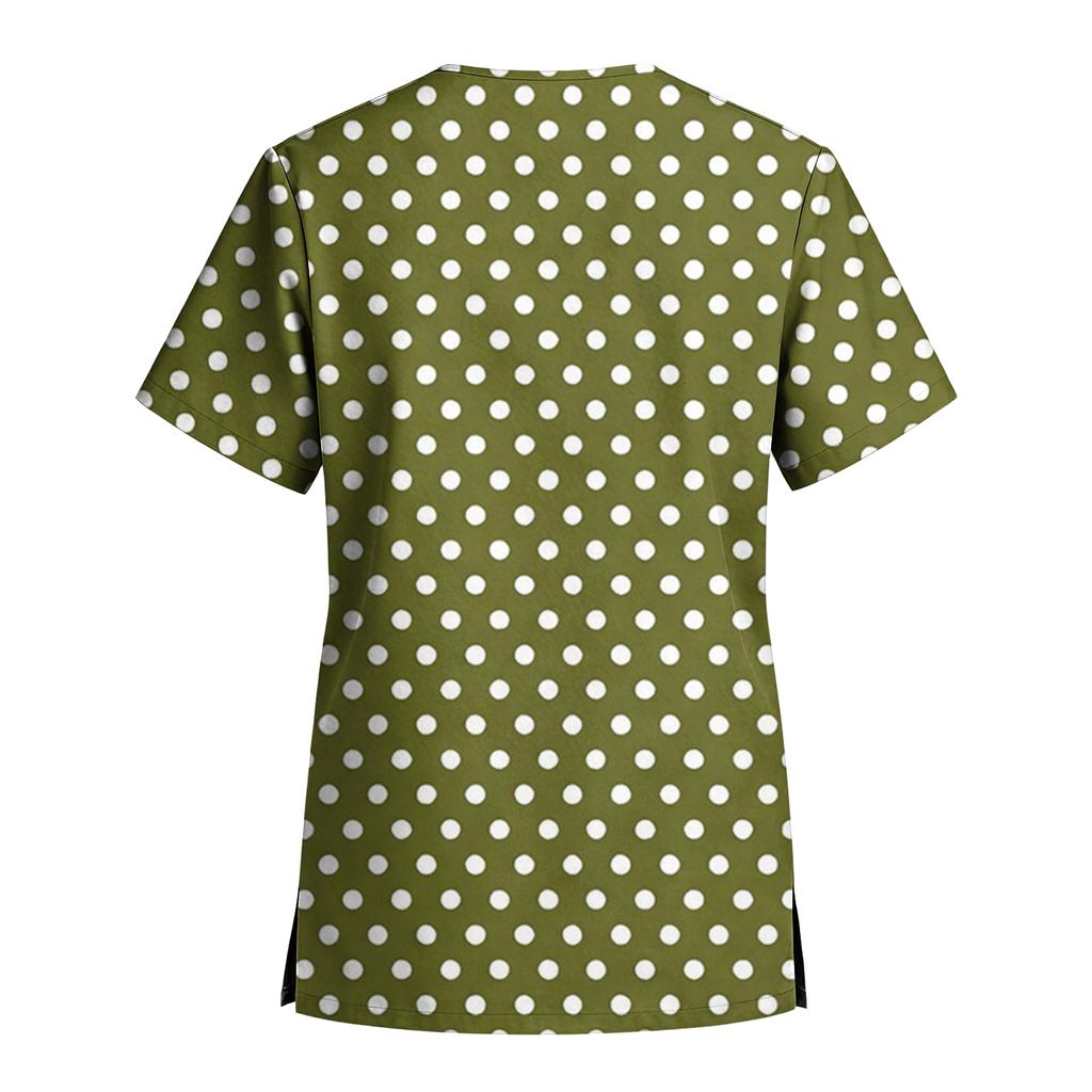 Women's Stretch Quick-Dry V-Neck Short Sleeve Workwear Top with Polka Dot Print & Pockets