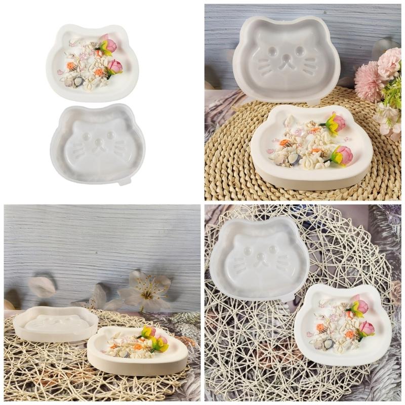 Cats Shaped Tray Mold Silicone 15.9x13.3x2.2cm White Flexible for Crafting Enthusiasts Jewelry Storage Plate Mould
