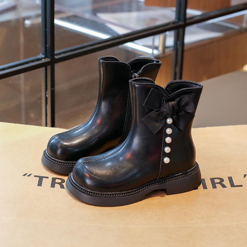 Girls' Fashionable Short Boots Western-style Princess Leather Boots Girls Plus Velvet Mid-calf Boots