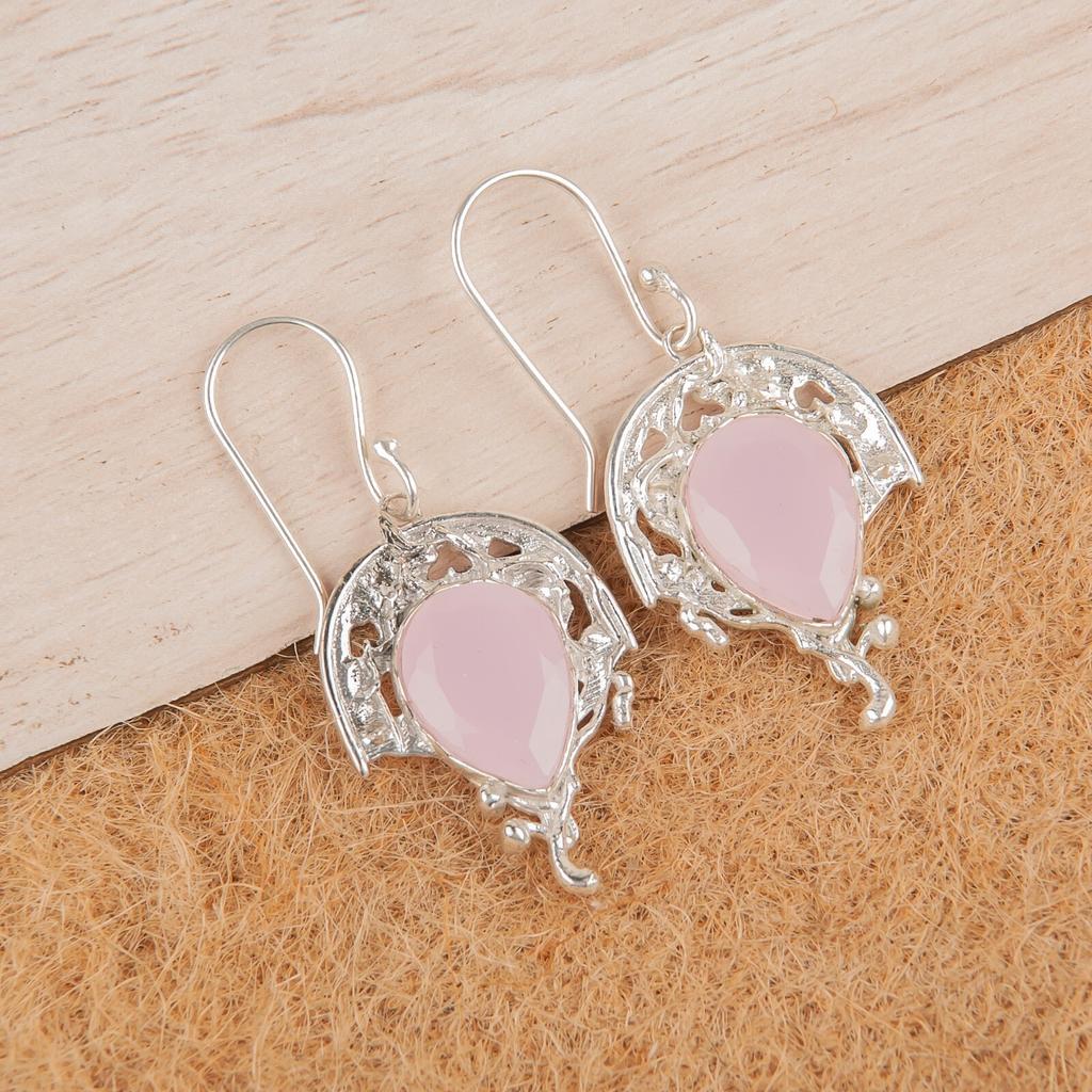 Rose Chalcedony Gemstone 925 Sterling Silver Jewelry Handmade Hook Earrings 1.73 CE-5-14
