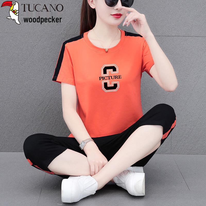Woodpecker Women s Cotton Short Sleeve Capris Sportswear Set 3XL